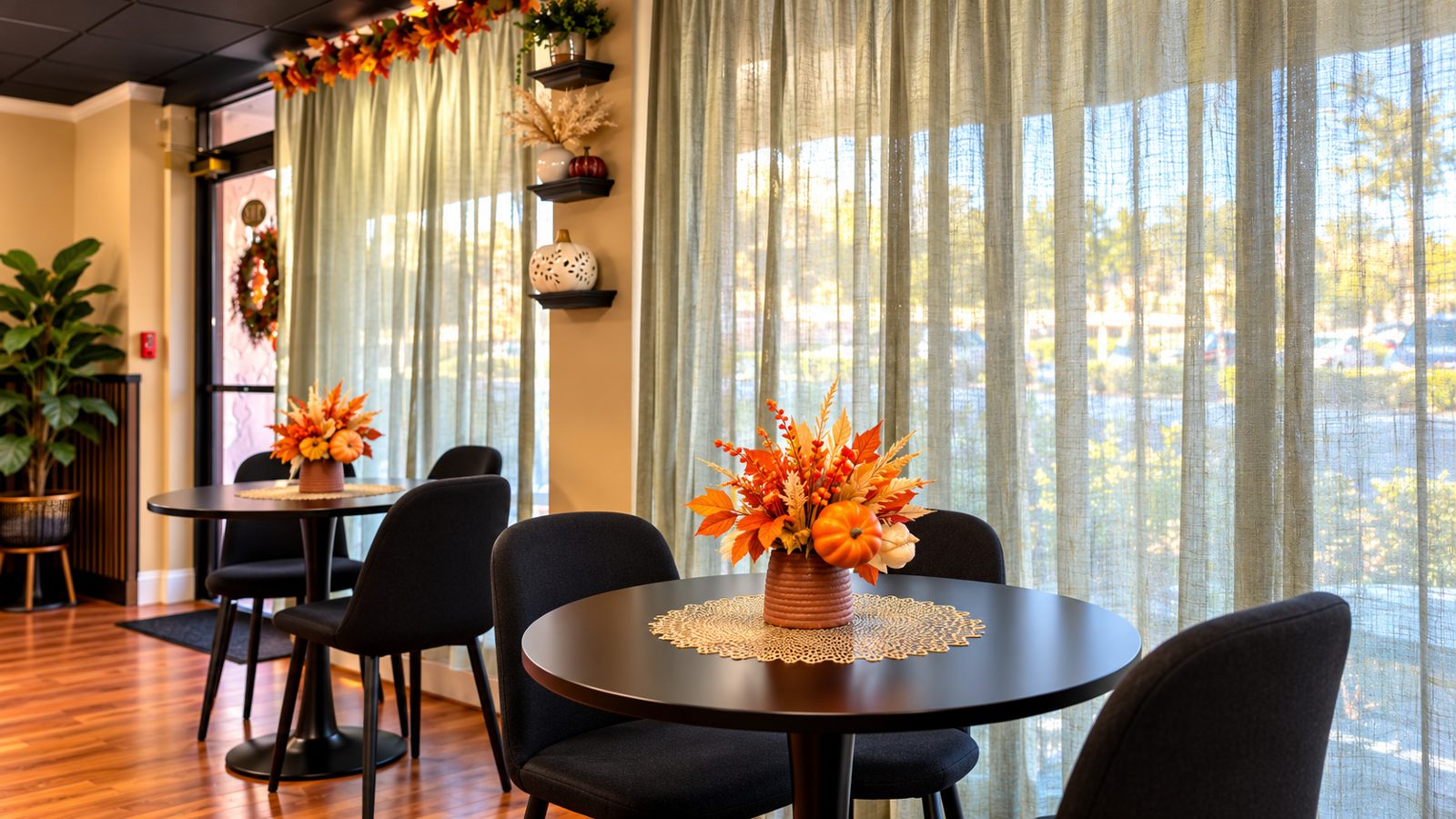 Bright seating area with fall flowers on the tables